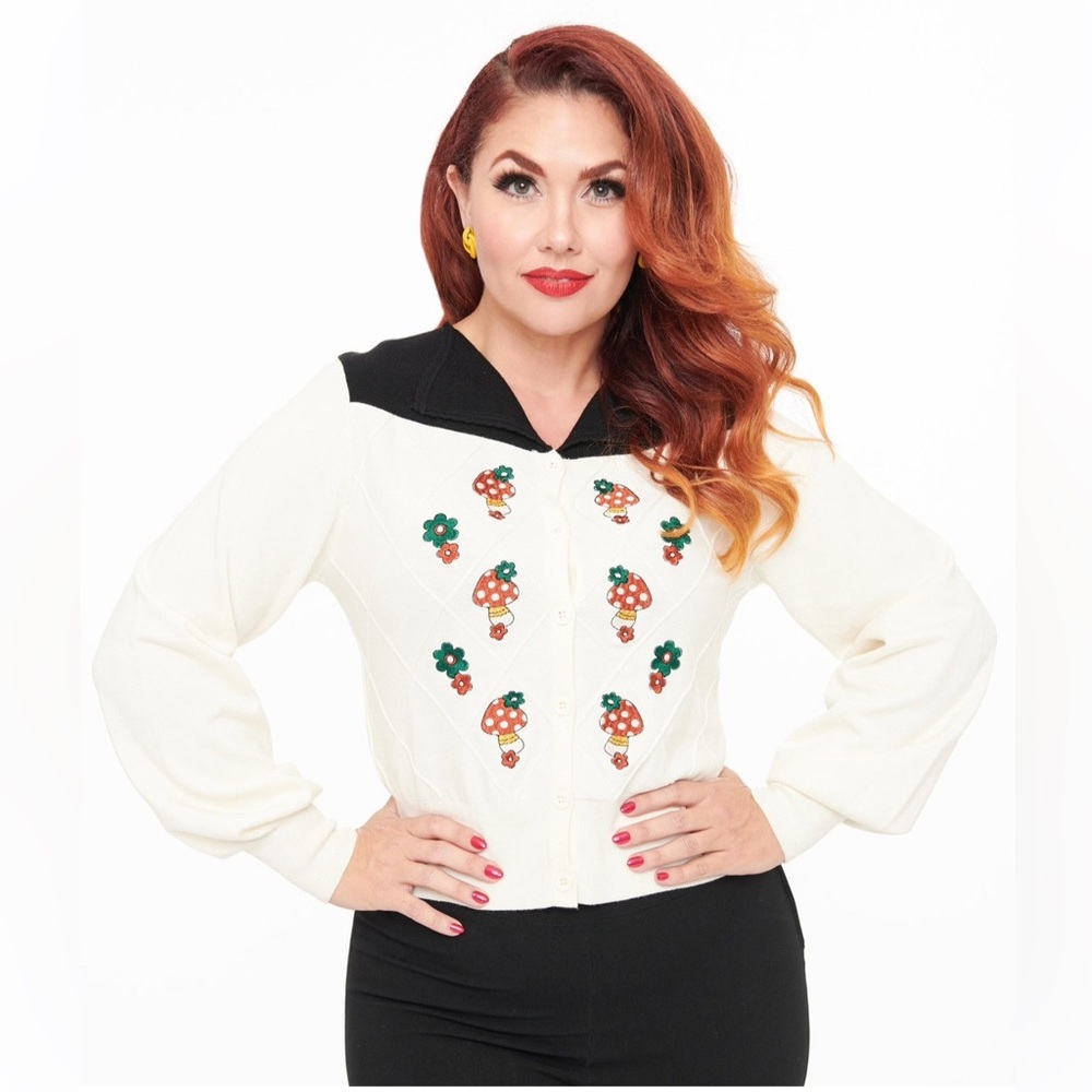 Smak Parlour 1960s Ivory & Black Mushroom Embroidered Cardigan, XS/S, NWT